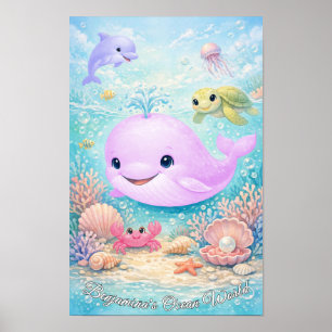 Poster Animaux de l'océan pastel Fille Baleine Dauphin To