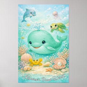 Poster Animaux de l'océan pastel neutre baleine dauphin t
