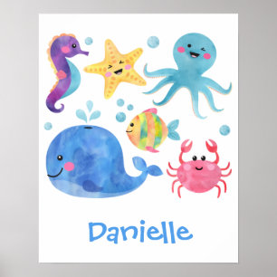 Poster animaux de mer, aquarelle animaux de mer, poisson,