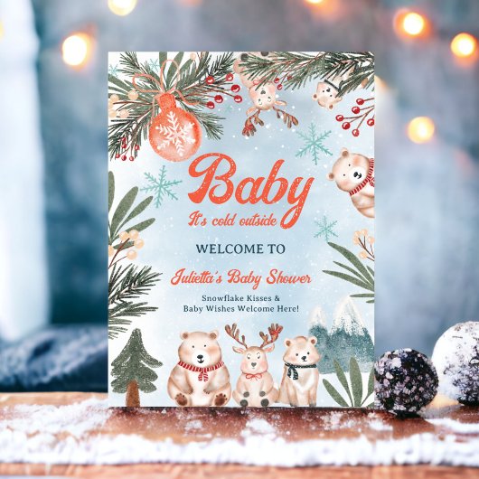 Poster Animaux mignons baby shower de Noël d'hiver