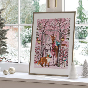 Poster Animaux mignons de la forêt hivernale rose pour le