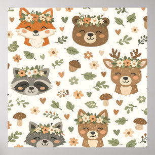 Poster Animaux mignons de la forêt Motif floral