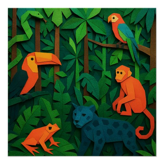 Poster Animaux pliés de la forêt – Faune tropicale de la (Devant)