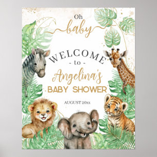 Poster Animaux Safari Baby shower de verdure tropicale