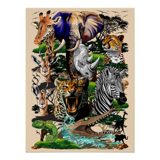 Poster Animaux sauvages de la Savane africaine (Devant)
