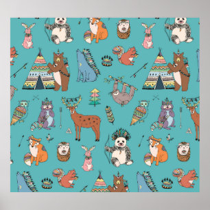 Poster Animaux tribaux : motif forestier.