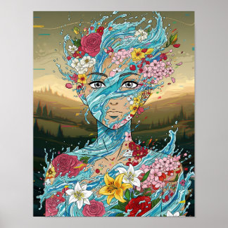 Poster Anime Abstrait : Esprit d'eau avec floraison