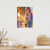 Poster Anime Adolescent Écouter Musique Marcher Son Chien (Cuisine)