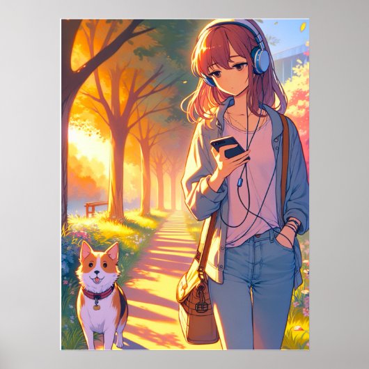 Poster Anime Adolescent Écouter Musique Marcher Son Chien (Devant)