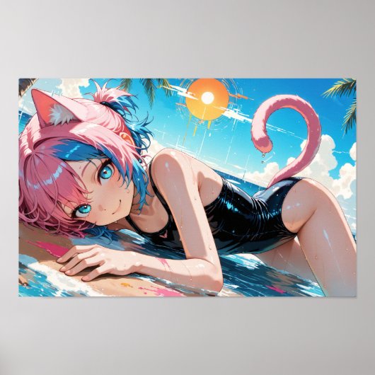 Poster Anime Chat Girl été Plage amusant (Devant)