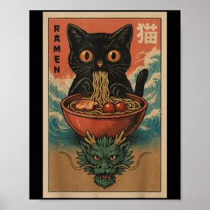 Poster Anime Chat Ramen Japonais Drôle Art Kawaii Chat Et