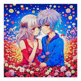 Poster Anime Couple Love Fleurs et Coeurs