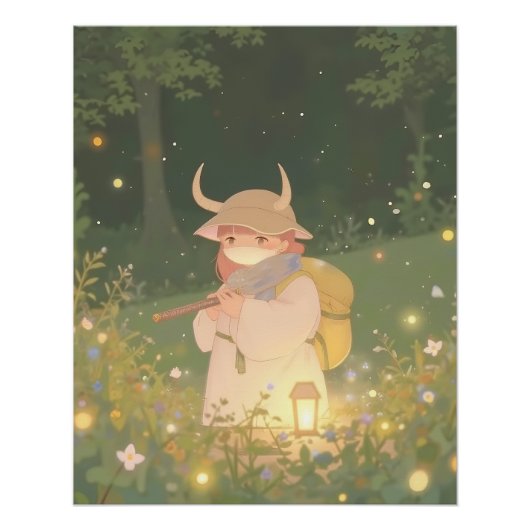 Poster Anime Ethérée fille avec des cornes dans la prairi (Devant)