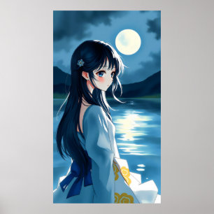 Poster anime fille avec lune de lac et fluides brosse