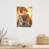 Poster Anime Girl Avec Son Chat Favori (Cuisine)