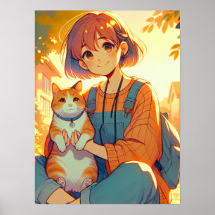 Poster Anime Girl Avec Son Chat Favori