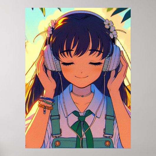 Poster Anime Girl Écouter la musique (Devant)