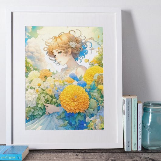 Poster Anime Girl en Fleurs Jaunes et Bleues