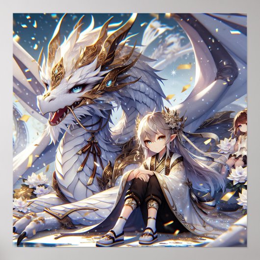 Poster Anime Girl et Dragon blanc et or (Devant)