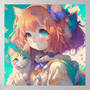 Poster Anime Girl Holding an Adorable Kitten