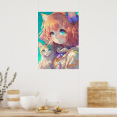 Poster Anime Girl Holding an Adorable Kitten (Cuisine)
