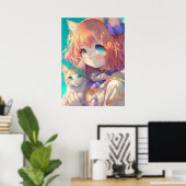 Poster Anime Girl Holding an Adorable Kitten (Bureau à domicile)