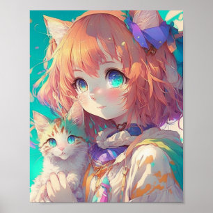 Poster Anime Girl Holding an Adorable Kitten