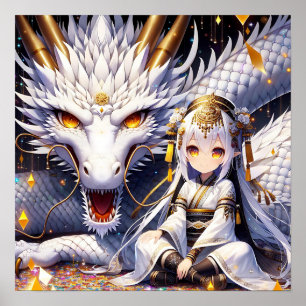 Poster Anime Girl Warrior et Dragon Ai Art