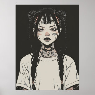Poster Anime gothique fille avec tatouages à l'air ennuyé