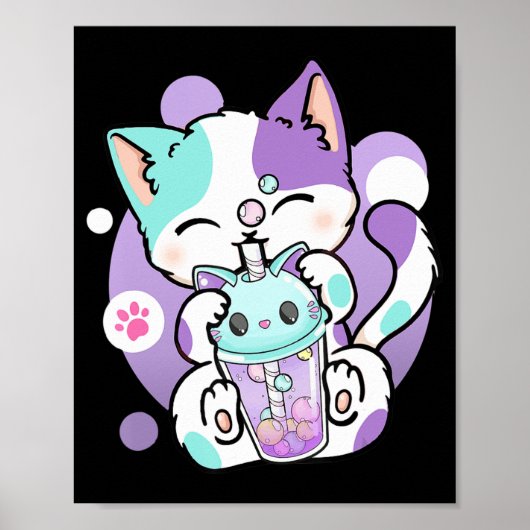 Poster Anime Kawaii Chat Boba Buble Tea Neko Boba Tea Cat (Devant)