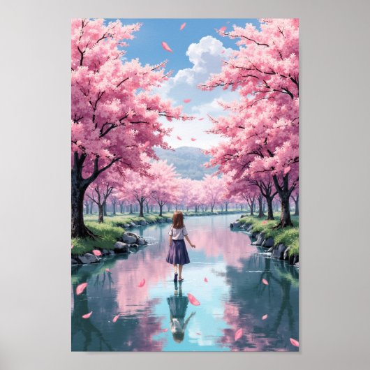 Poster Anime Spring Blossom River Wall Art (Devant)