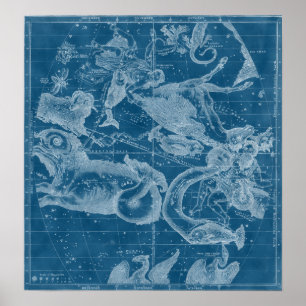 Poster Année 1856 Carte des étoiles antiques avec anima