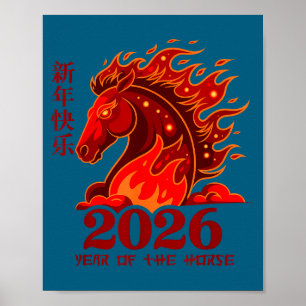 Poster Année Cheval Lunaire Chinois Cheval de Feu