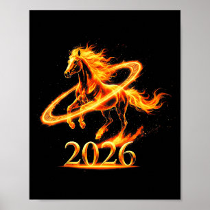Poster Année zodiacale feu or du cheval 2026 nouvel an lu