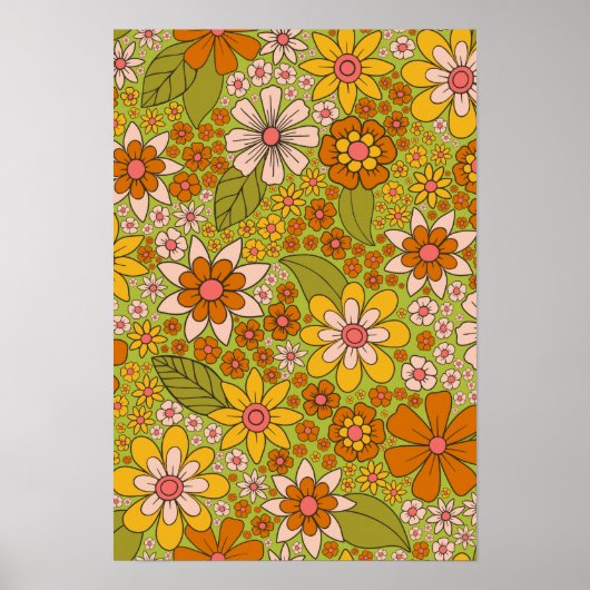 Poster Années 1960, 1970 Vert & Orange Retro Floral (Devant)