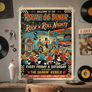 Poster Années 50 Restaurant Route 66 Soirées Rock 'n' Rol