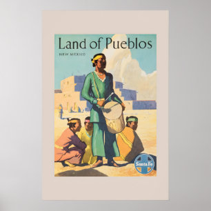 Poster Années 50 Santa Fe Terre de Pueblos Nouveau-Mexiqu