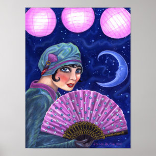 Poster Années folles Flapper Girl Fan Lune Stars