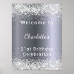 Poster Anniversaire argent parties scintillant nom bienve<br><div class="desc">Une affiche pour une fête d'anniversaire de 21ème anniversaire (ou de n'importe quel âge), fillette et glamour. Un arrière - plan faux argenté avec une élégante parties scintillant faux argenté, brille. Le texte : Le nom est écrit en blanc avec un script de style à la main moderne. Personnalisez et...</div>