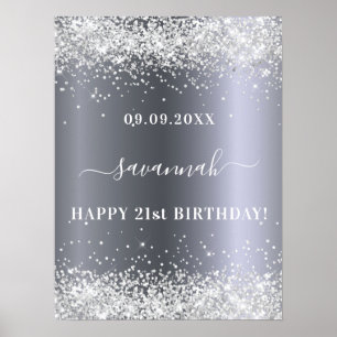 Poster Anniversaire argent parties scintillant nom fête b