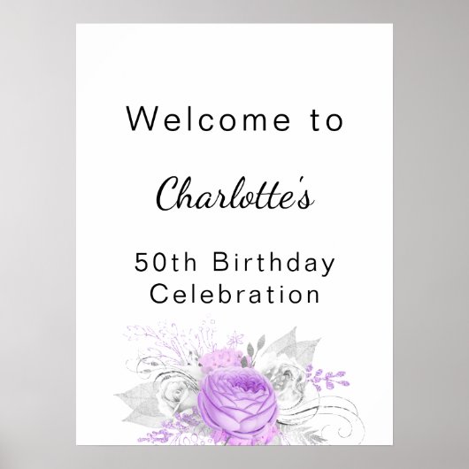 Poster Anniversaire blanc violet fleurs argent bienvenue (Devant)