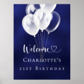 Poster Anniversaire bleu marine ballons blancs bienvenue (Devant)