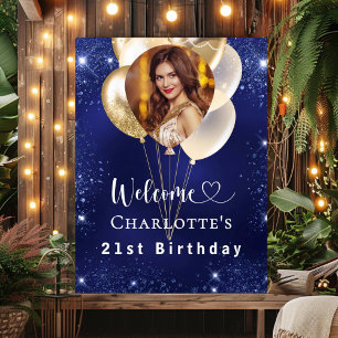 Poster Anniversaire bleu marine or ballons photo bienvenu