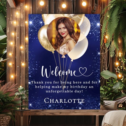 Poster Anniversaire bleu marine or ballons photo bienvenu