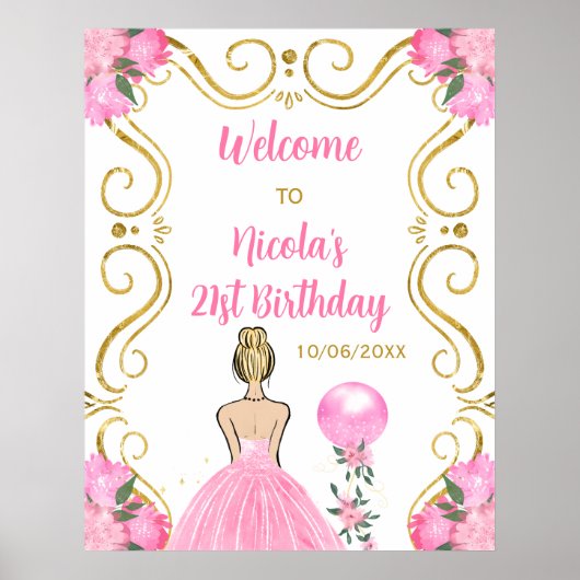 Poster Anniversaire Blonde Princess Pink Bienvenue (Devant)