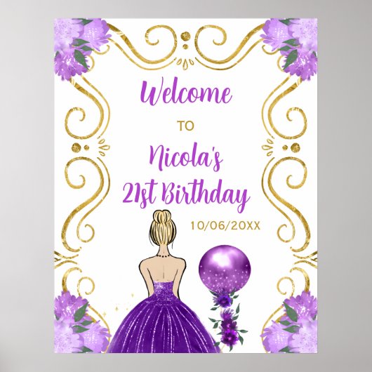 Poster Anniversaire Blonde Princess Purple Bienvenue (Devant)
