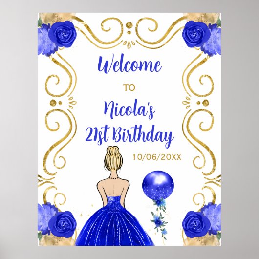 Poster Anniversaire Blonde Princess Royal Blue Bienvenue (Devant)