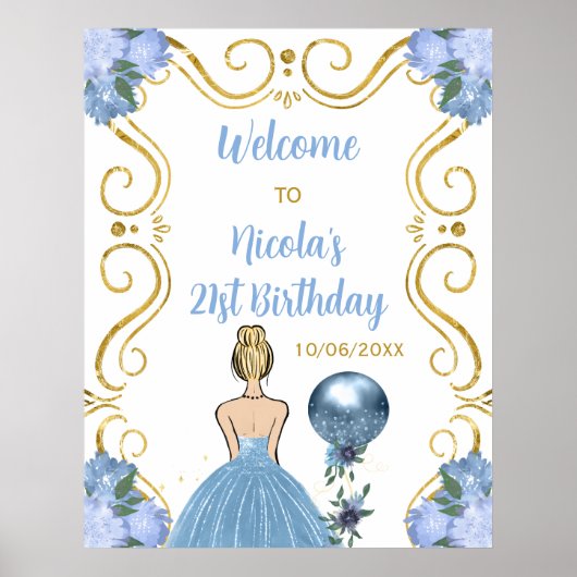 Poster Anniversaire Blonde Princesse Bleue Bienvenue (Devant)