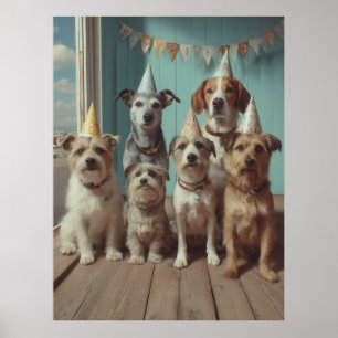 Poster Anniversaire de chiens avec des chapeaux de fête