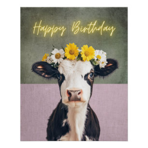 Poster Anniversaire de la vache à fleurs drôle